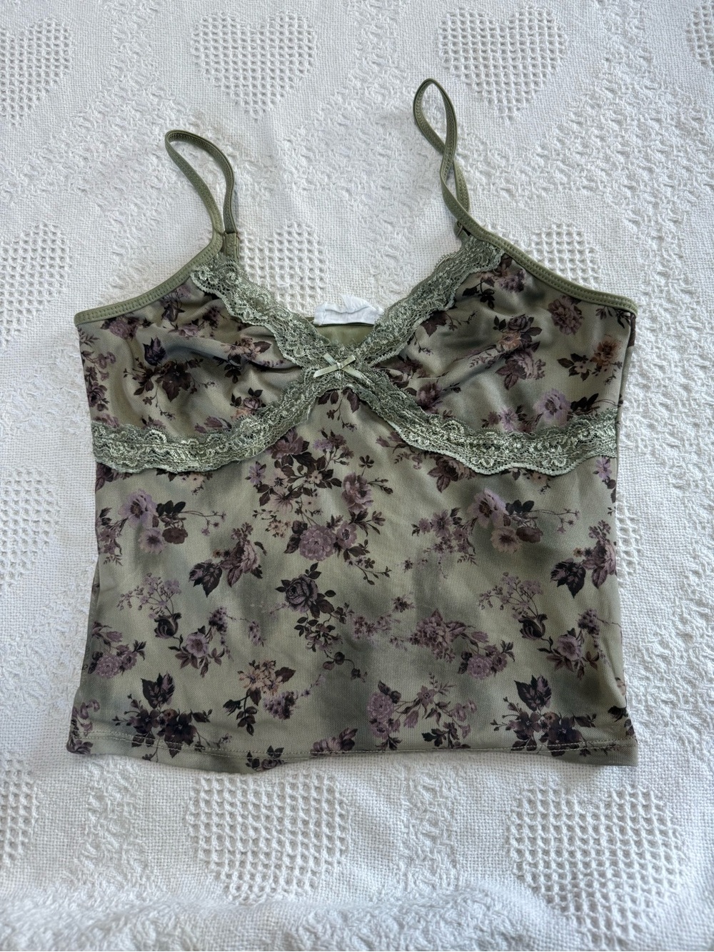 Pink Rose Green Lace Floral Cami Top (M) - Picture 1 of 7
